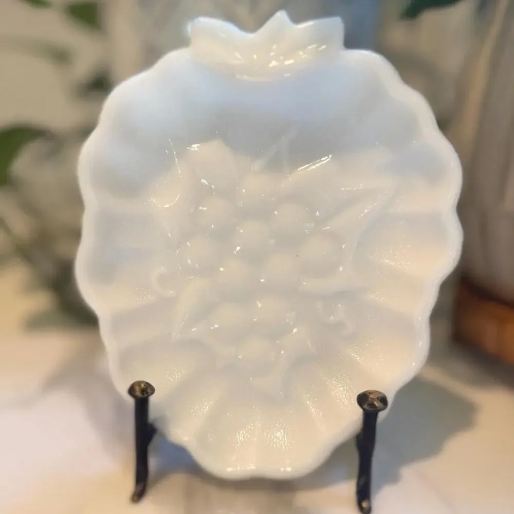Vintage Hazel-Atlas Milk Glass Grapevine Vanity Plate, 1940s-50s Embossed Decor